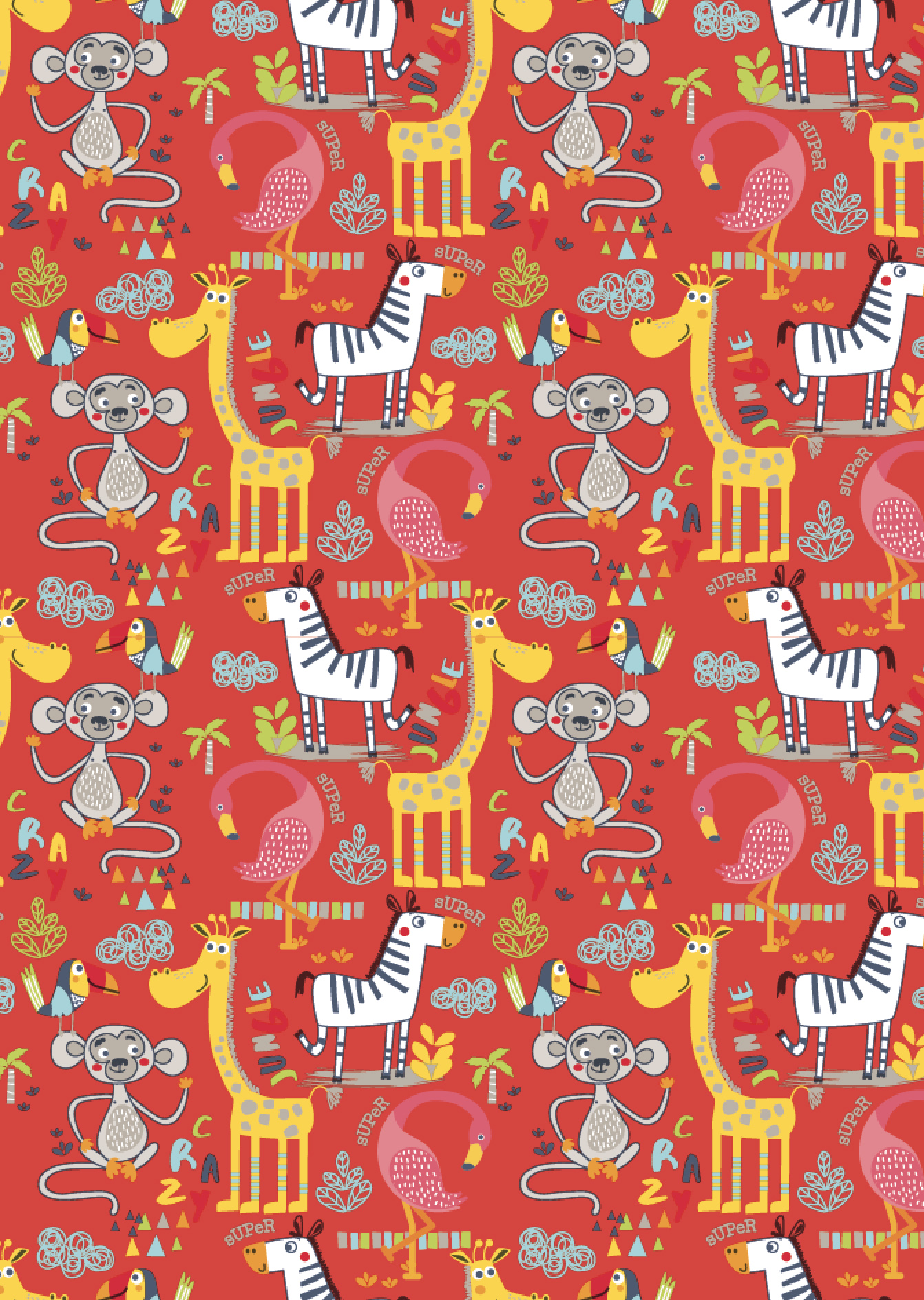 Bobine de papier cadeau rouge/animaux  0,70 x 100 m